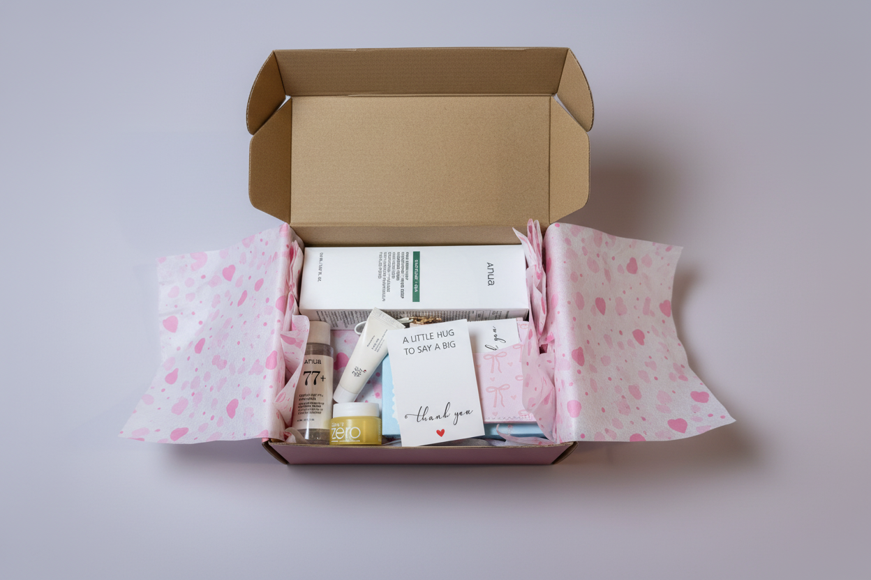 Pink box with wallet and card